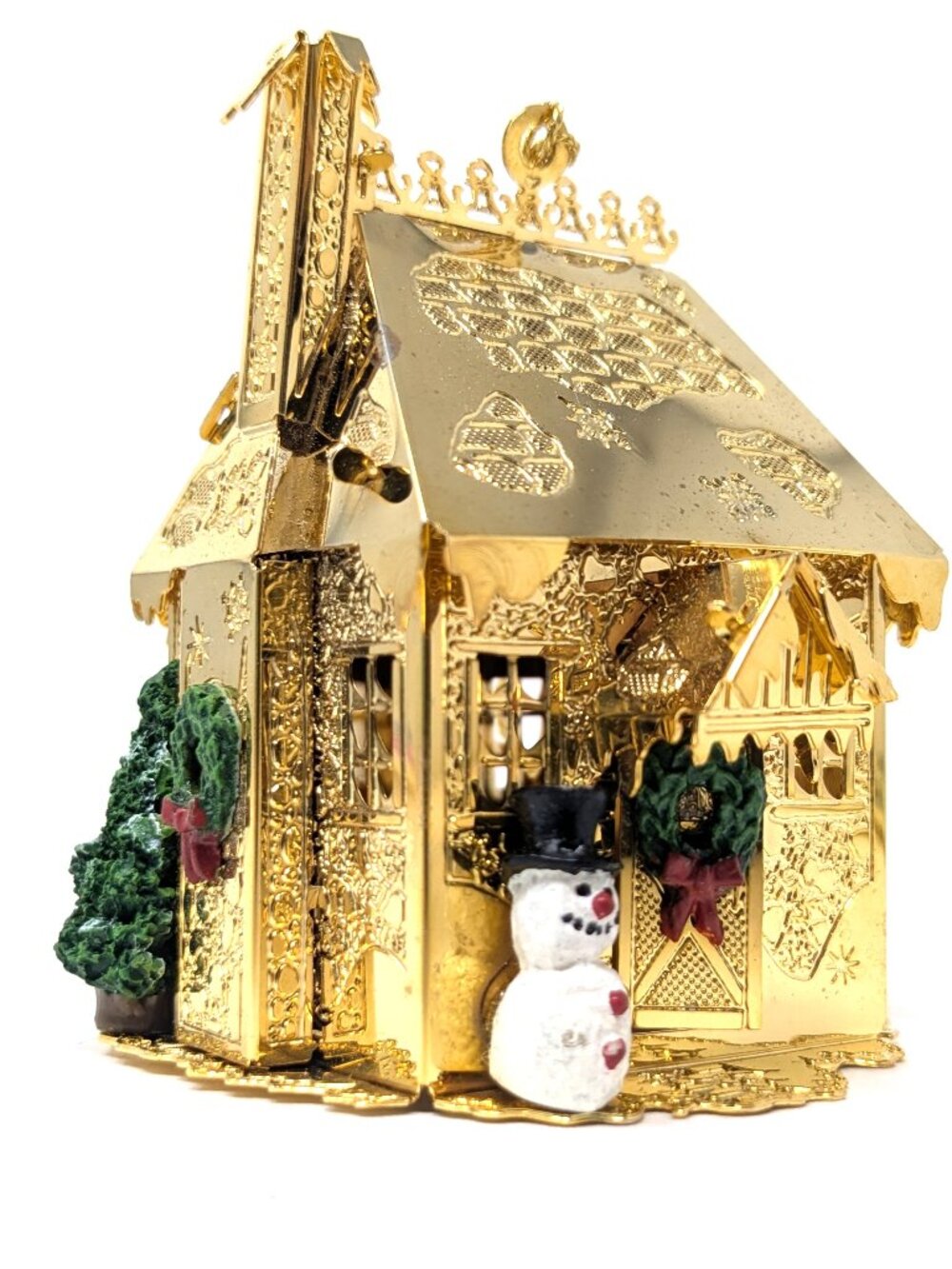 Danbury Mint Gold Ornament House Colored Snowman Tree & Wreath 23K electroplate